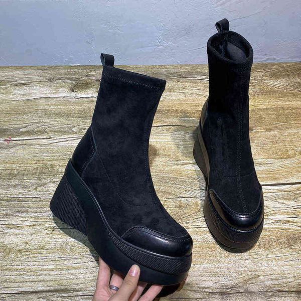 

boots autumn spring women shoes woman platform fashion round toe ankle 2022 winter elastic black wedge comfortable botas y2209
