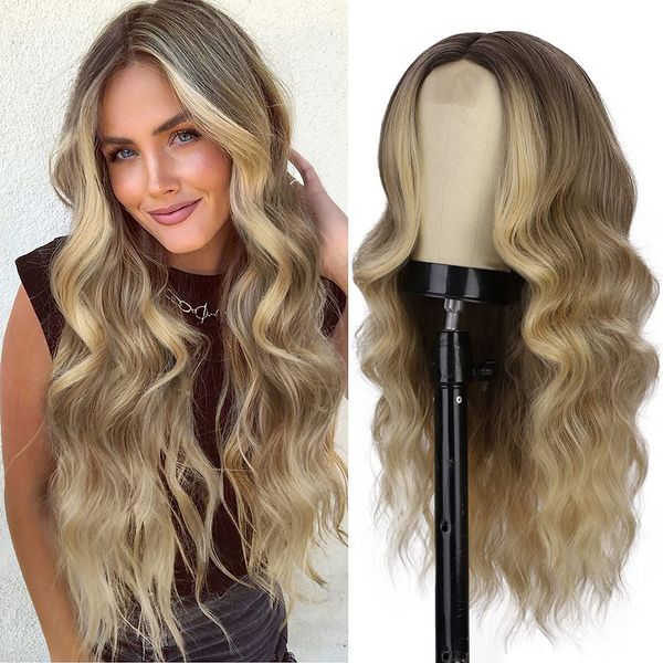 

long brown wavy wig middle part wig for women synthetic curly wigs naturalheat resistant wig for daily party, Black