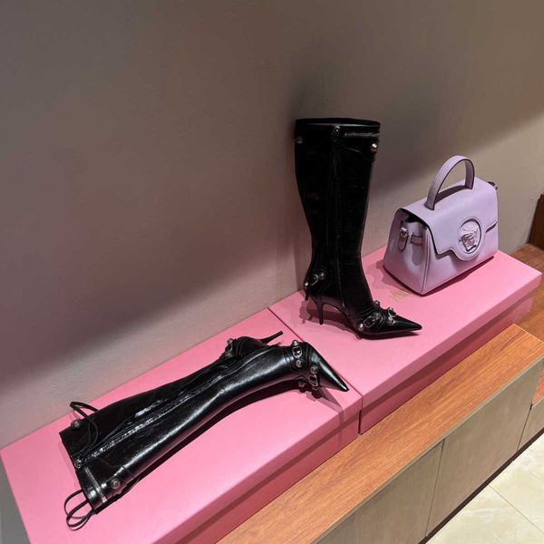 

cagole lambskin leather knee-high boots stud buckle embellished side zip shoes pointed toe stiletto heel tall boot luxury designers shoe for, Black