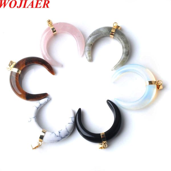 

New Natural stone agates Quartz Crystal Pendant Mix Stone Crescent Moon Gold Colors Necklace Women Fashion Jewelry BO951