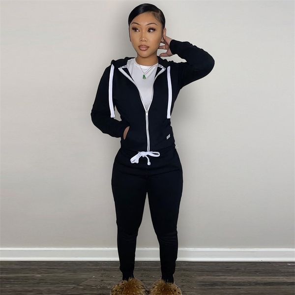 

women's two piece pants autumn winter fleece 2 piece set women tracksuit solid casual outfit sport suit long sleeve zip slim hoodie jac, White