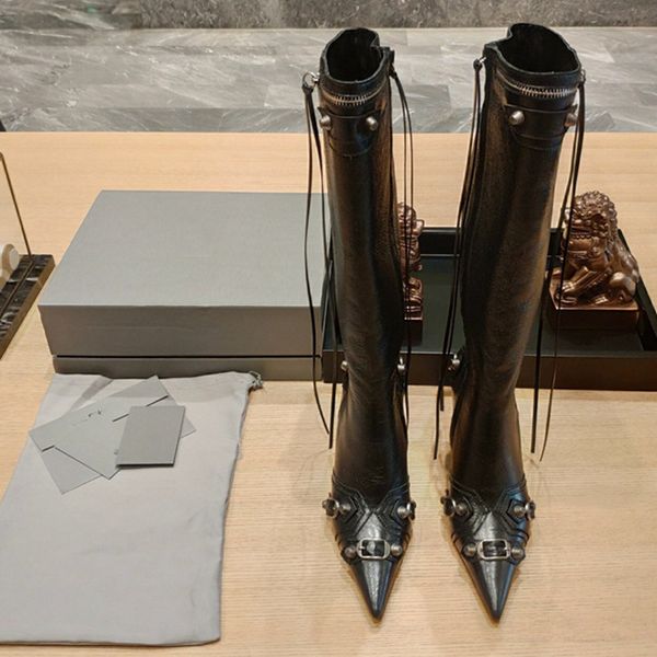 

motorcycle boot new metal nail liudin prong side zipper not pick leg cagole type 35-42 pointed toe stiletto heel ankle boot leather short bo, Black