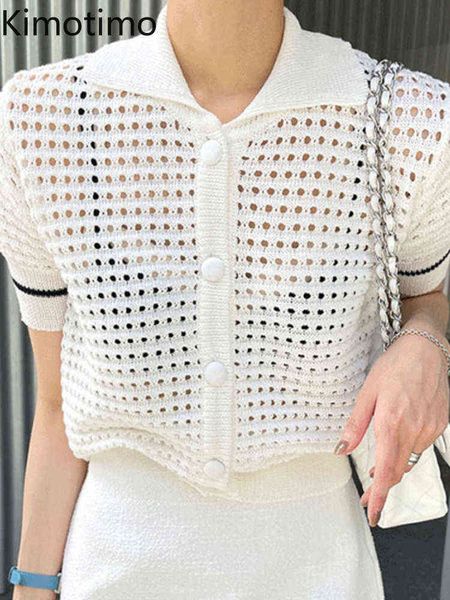 

women's sweaters kimotimo summer lapel hollow out knitted cardigan women short sleeve single breasted sweater korean chic fashion elega, White;black