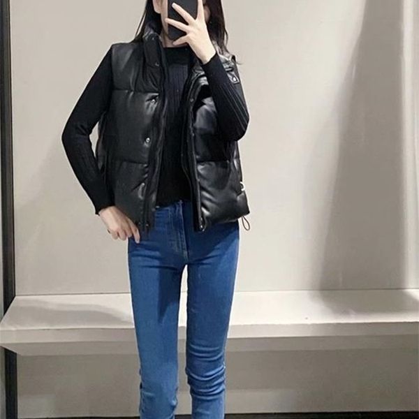 

women's vests traf women fashion leather cotton pocket padded waistcoat vintage sleeveless female outerwear streetwear 220922, Black;white