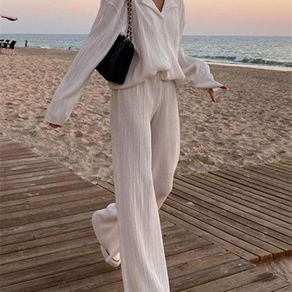 

women's two piece pants solid women's pleated shirt trousers set loose high waist wide leg pants 2 pieces summer casual elegant of, White