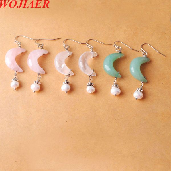 

natural pearl dangle earrings charm reiki hanging moon shaped crystal pink quartzs stone women jewelry 10pair bo947, Silver