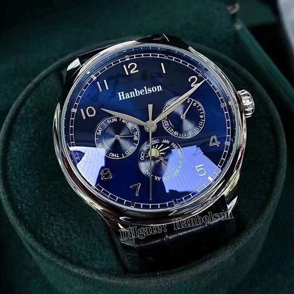 

mens wristwatch moon phase automatic mechanical day date multifunction watch blue face black leather strap steel case uhr 44mm, Slivery;brown