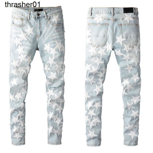 

new men's jeans amirs streetwear skinned star trend jeans for young men, Blue