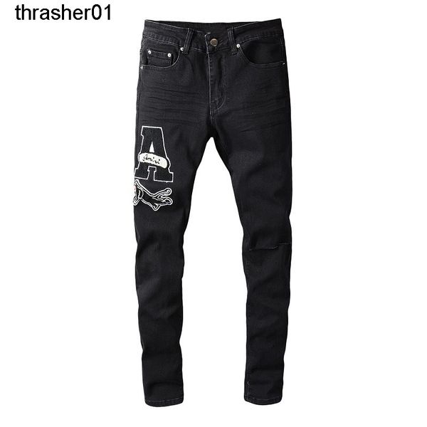 

new mens designer fashion brand amirs embroidery hole patch jeans streetwear trend elastic leggings, Blue