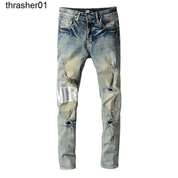 

men's jeans amirs streetwear fashion elastic small foot denim pants, Blue