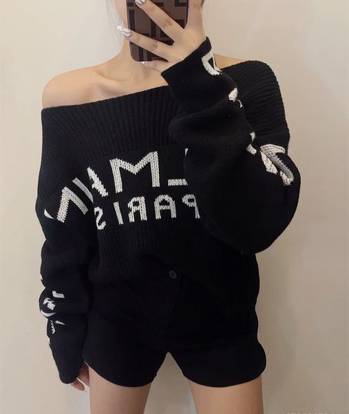 

chic slash neck sweater women clothing off shoulder long sleeve knitted pullover autumn elegant luxury brands designer letter sweaters part, White;black
