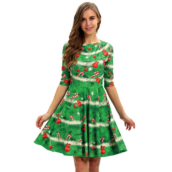 

casual dresses christmas digital print women's slim mid-sleeve dress, Black;gray
