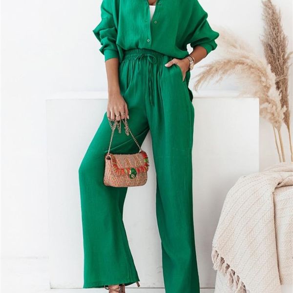 

women's two piece pants causal loose women 2piece sets long sleeve shirt with high wasit laceup trousers sets spring female elegant off, White