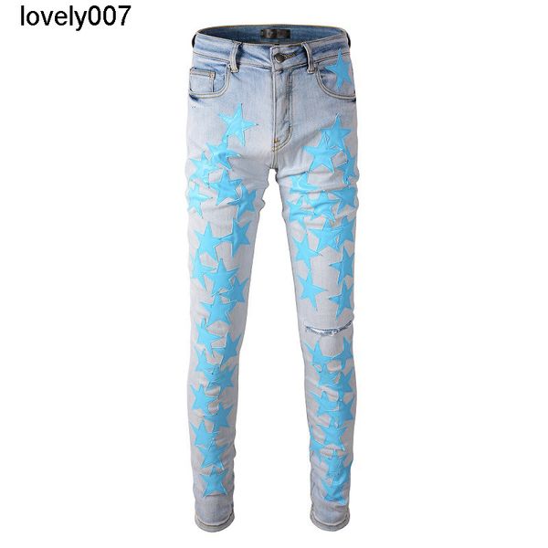 

men's jeans hole amirs high street skinned star trend jeans high craft elastic slim high street jeans, Blue