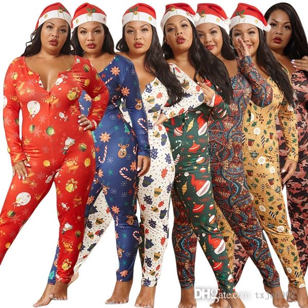 

plus size 5xl women christmas printed jumpsuits designer pajama onesies long sleeve skinny bodysuit rompers nightwear, Black;white
