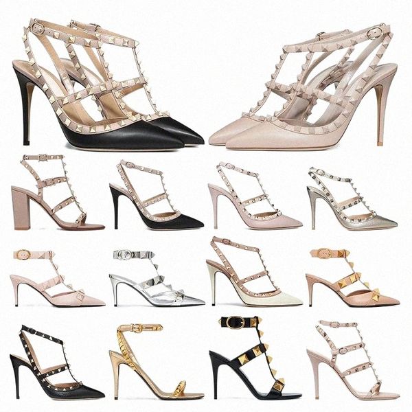 

designers high heel dress shoes ankle strap roman stud black nude sliver with rivets womens stiletto chunky heels 60 80 100 mm pointed open