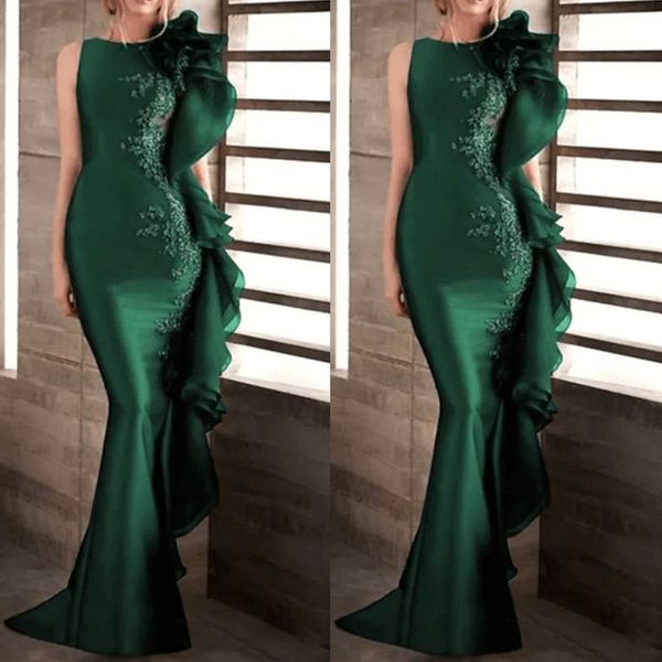 

emerald green mermaid prom dresses ruffles lace appliques sleeveless chic satin formal evening gowns sweep train fitted long special occasio, Black