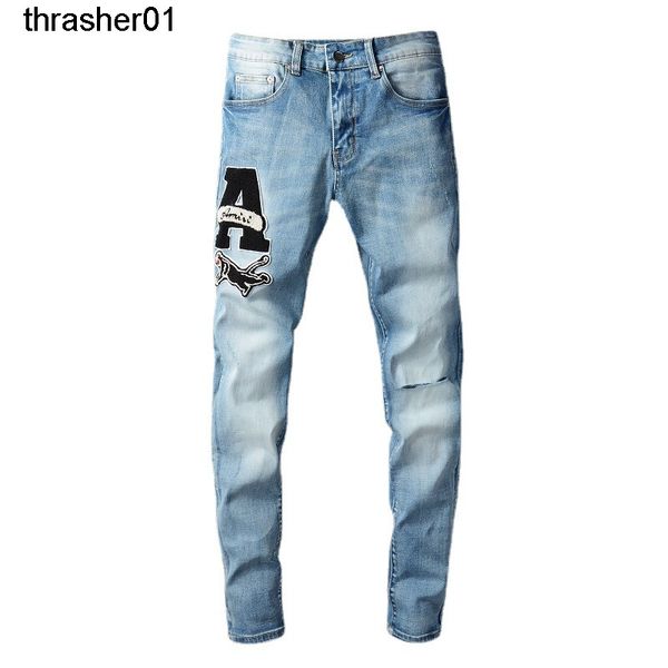 

men's jeans fashion amirs patch beggars' pants men's streetwear jeans, Blue