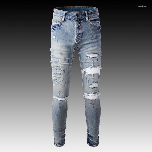

men's jeans streetwear fashion men retro light blue elastic destroyed slim ripped brand patch designer hip hop pants hombre