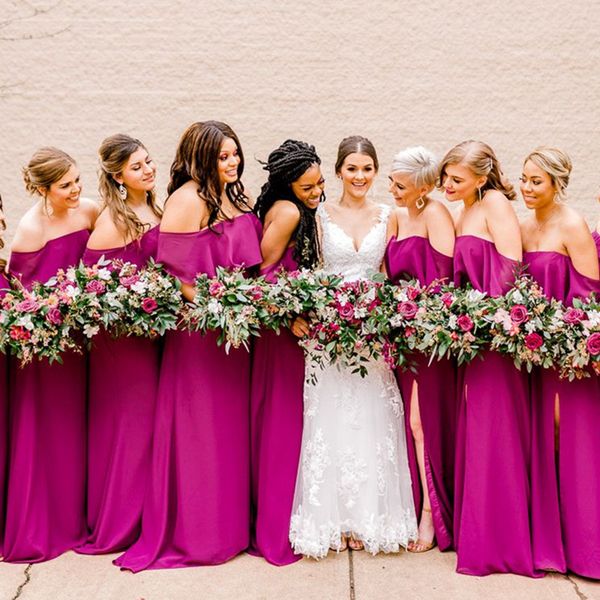 

long bridesmaid dresses off shoulder split a line satin ruffles women wedding guest evening gowns, White;pink