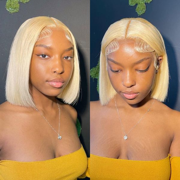 

613 honey blonde colored short bob wig brazilian hair wig straight lace front wigs synthetic for women, Black
