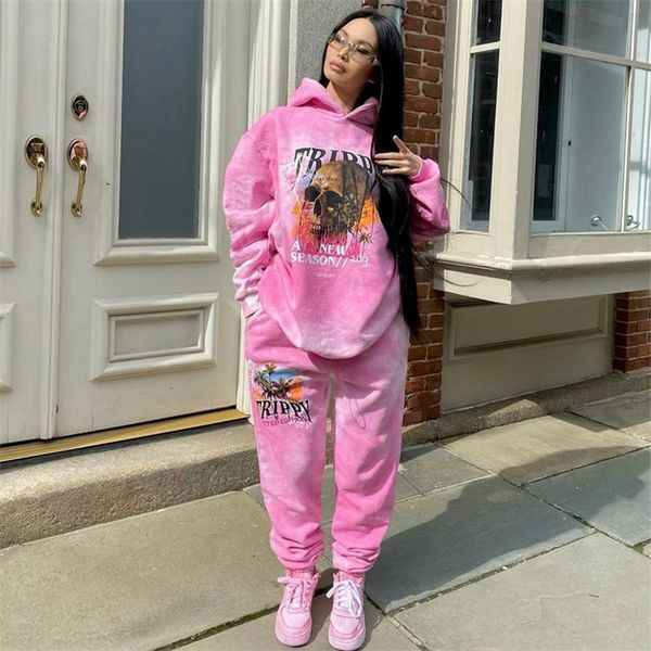 

women's two piece pants color tie dye two piece set tracksuit womens winter hoodies hip hop graphic sweatpants plus size fashion cloth, White