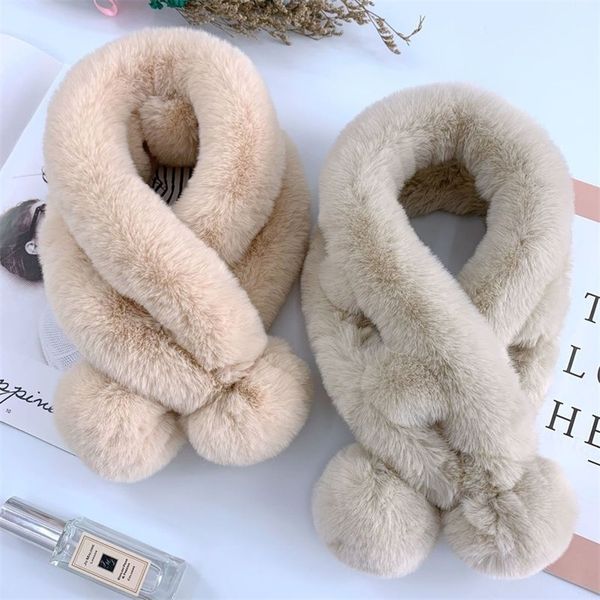 

scarves wraps scarves scarf female autumn and winter fur rabbit plush thick warm solid color ball cross student children l220921, Red;brown