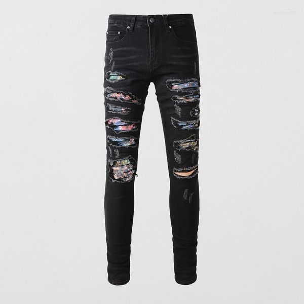 

men's jeans fashion designer men black stretch destroyed patched slim ripped punk hole trousers hip hop brand pants hombre, Blue