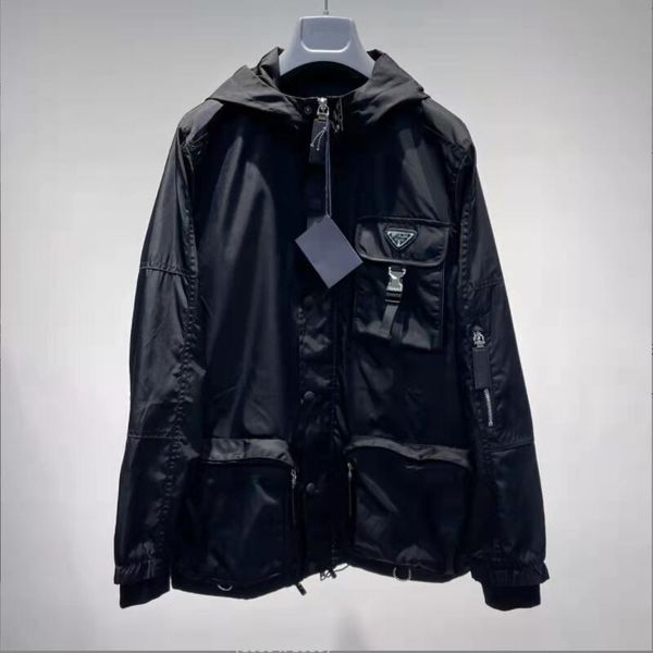 

mens outddoor sports nylon waterproof jacket luxury brand casual triangular mark hooded pockets buckles black rain coat w442, Black;brown