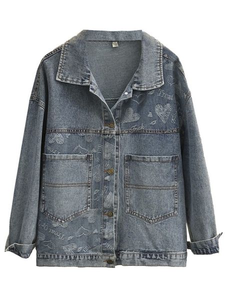 

women s plus size outerwear coats denim jacket women clothing love jacquard turn down collar casual pockets letter standard coat 220922, Black