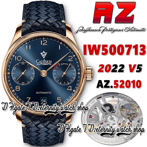 

azf v5 az500713 a52010 automatic mens watch blue power reserve dial number markers rose gold stainless case blue leather strap 2022 super ed, Slivery;brown