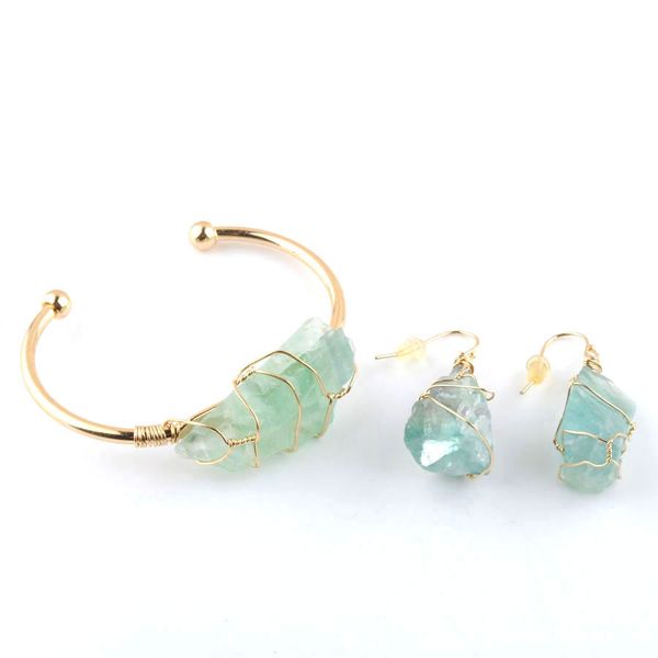 

boho retro irregular dangle earring set for women elegant gold color wire wrap natural crystal open bangle charm jewelry o9328, Silver
