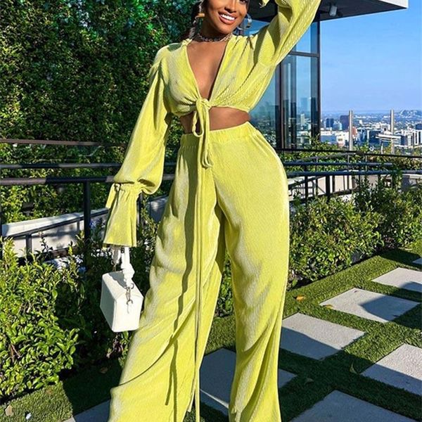 

women's two piece pants women flare sleeve cropped wide leg trouser suits ladies elegant lace up blouse loose pants summer female fashi, White