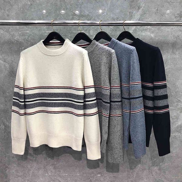 

2022 fashion tb thom brand sweater men women slim fit o-neck pullovers clothing patchwork wool striped autumn winter casual coat, White;black