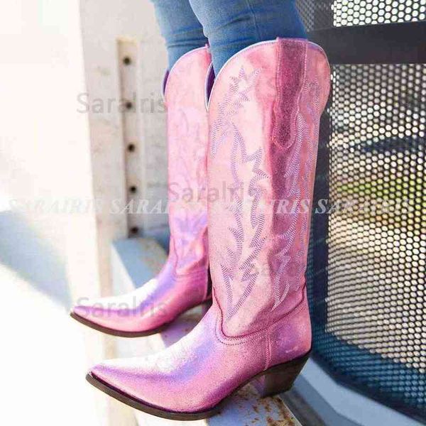 

boots cowboy women western 2022 autumn winter pink knee high cowgirl pointed toe embroidery great quality shoes y2209, Black