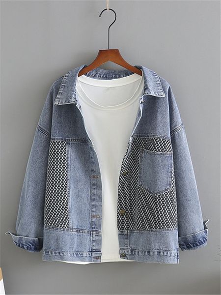 

women s plus size outerwear coats clothese for spring and autumn denim jacket longsleeved small part of knitted weave stitching large casual, Black