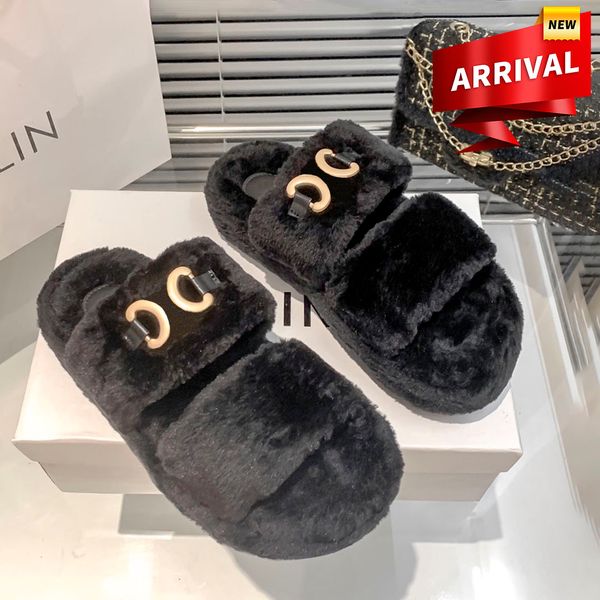 

2022 with box paris slippers shearling fur open slides sandals cel triumphal arch white black luxury women designer sandal fahsion winter co