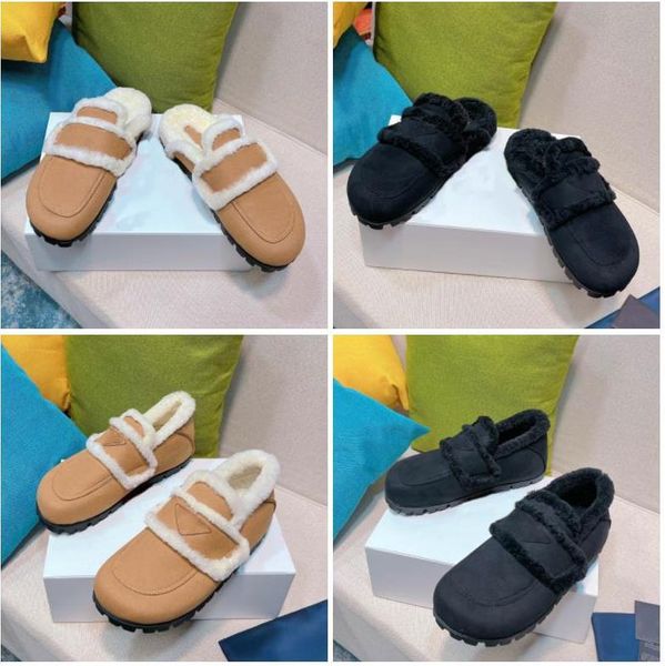 

prad 2022 shearling slippers women brand muller designer thick bottom faux fur furry fluffy slides triangle crossover plush wool soft warm p, Black