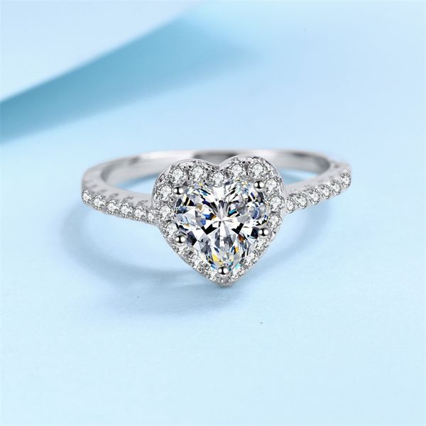 

cluster rings 1ct heart cut diamond halo platinum plated sterling silver wedding band promise ring for women anniversary gift 220921, Golden;silver