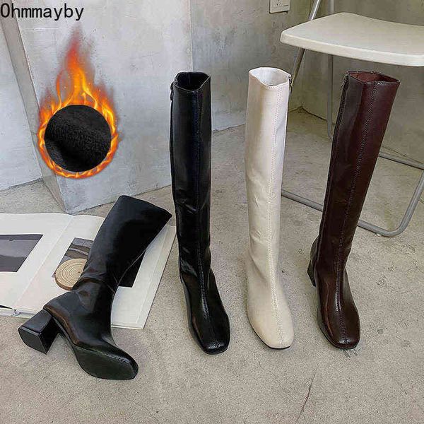 

boots women warm long woman knee high booties ladies shoes platform thick heel pu leather soft zipper fashion winter 2022 y2209, Black