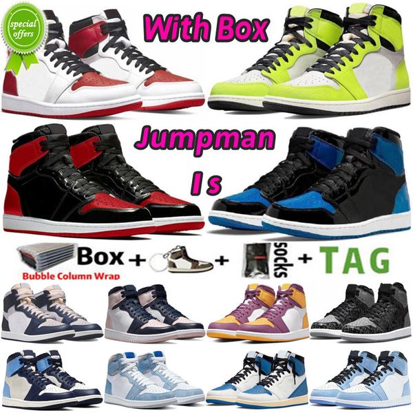 

2022 with box 1 og 1s mens basketball shoes visionaire royal patent university blue bubble gum georgetown heritage pollen men sport women