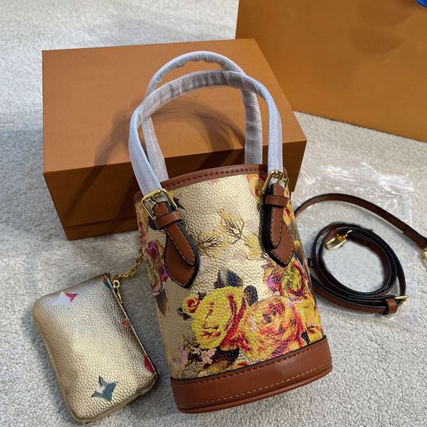 

golden flower bags women garden barrel-shaped bags mini cell phone pocket crossbody handbags removable shoulder strap fashion letters chain