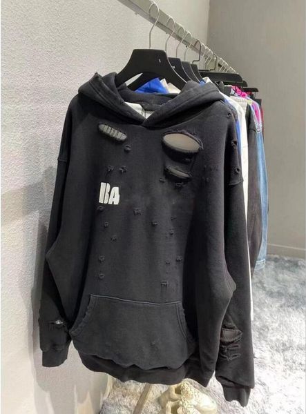 

plus tattered letter hole print hoodie autumn winter sweatshirt men and women's casual student fashion hooded sweatshirt long sleeve, Black