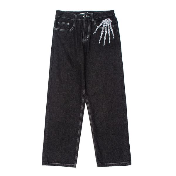

men's jeans dark streetwear skeleton embroidery punk black men hip hop pants straight casual wide denim trousers pantalons capris 22092, Blue