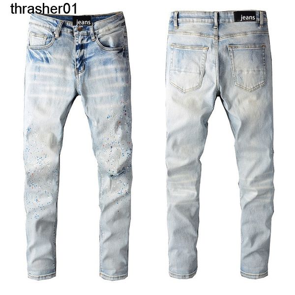 

men's jeans amirs personalized fashion cowboy pants micro elastic cotton splash jeans, Blue
