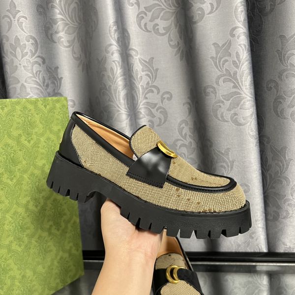 

women casual shoes fashion brown soft cowhide women trainers 100% leather interlocking g metal buckle loafers thick bottom shoe designer pla, Black