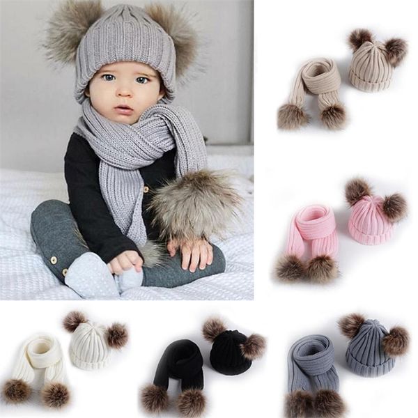 

scarves wraps caps hats 2pcs winter thick warm baby hat set scarf for boy girl cute double pompom kids children beanie scarves boys girls 22, Red;brown