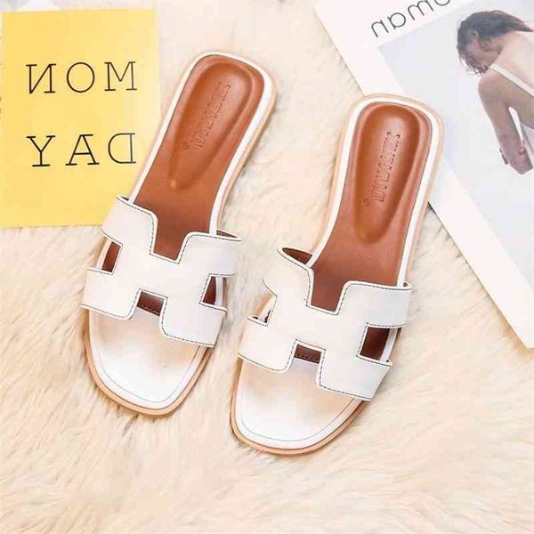 

classic dhl luxury h 2022 new soft leather slippers women's summer net red ins wear versatile fashion flat bottom cool lil, Black