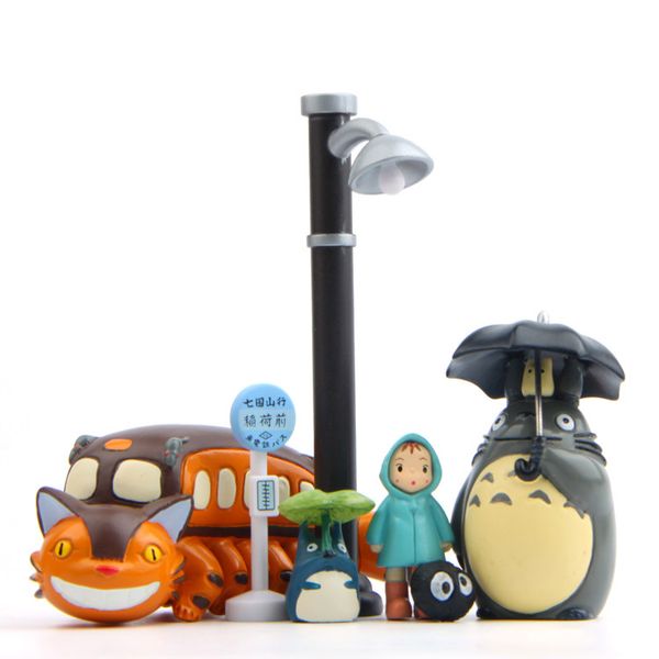 

7pcs totoro anime movie action figures oh-totoro raincoat may bus cat road light resin mini toys artwares cake ers decorations 2.5-10cm/1-4i