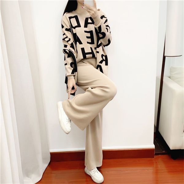 

women's two piece pants women's clothing autumn winter women knited letter sweater pants cape scarf 3pcs suits cappa wraps wide le, White